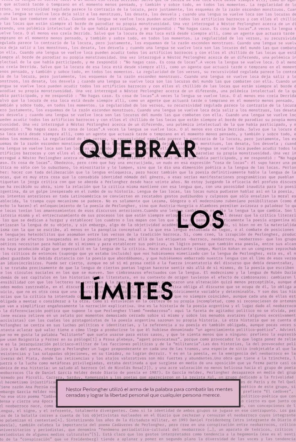 Magazine cover titled Quebrar los límites, a pink page filled with small type behind a large black headline